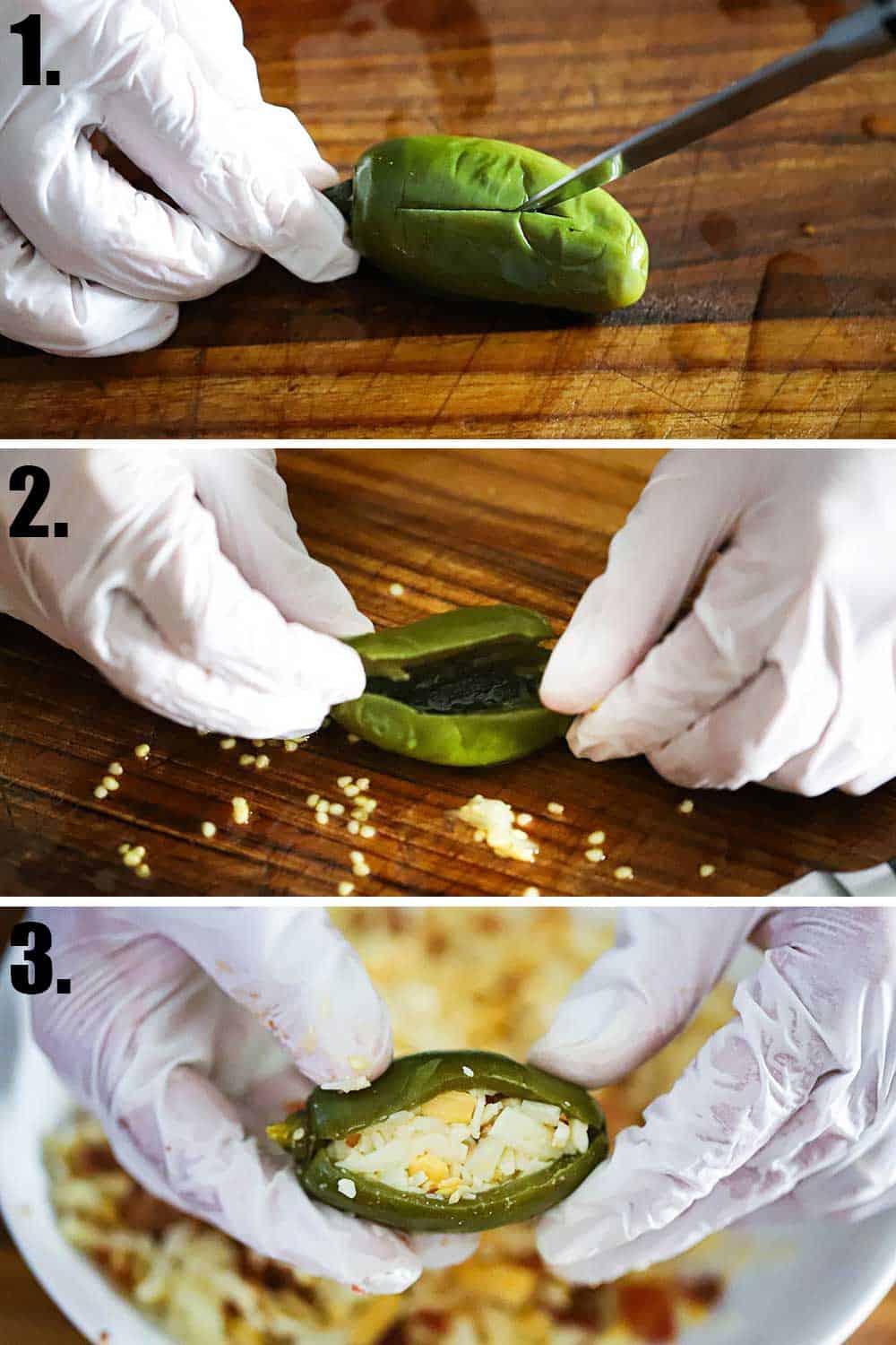 3 stacked images, top is a jalapeño being sliced lengthwise, next is removing the seeds, next is it stuffed with cheese. 