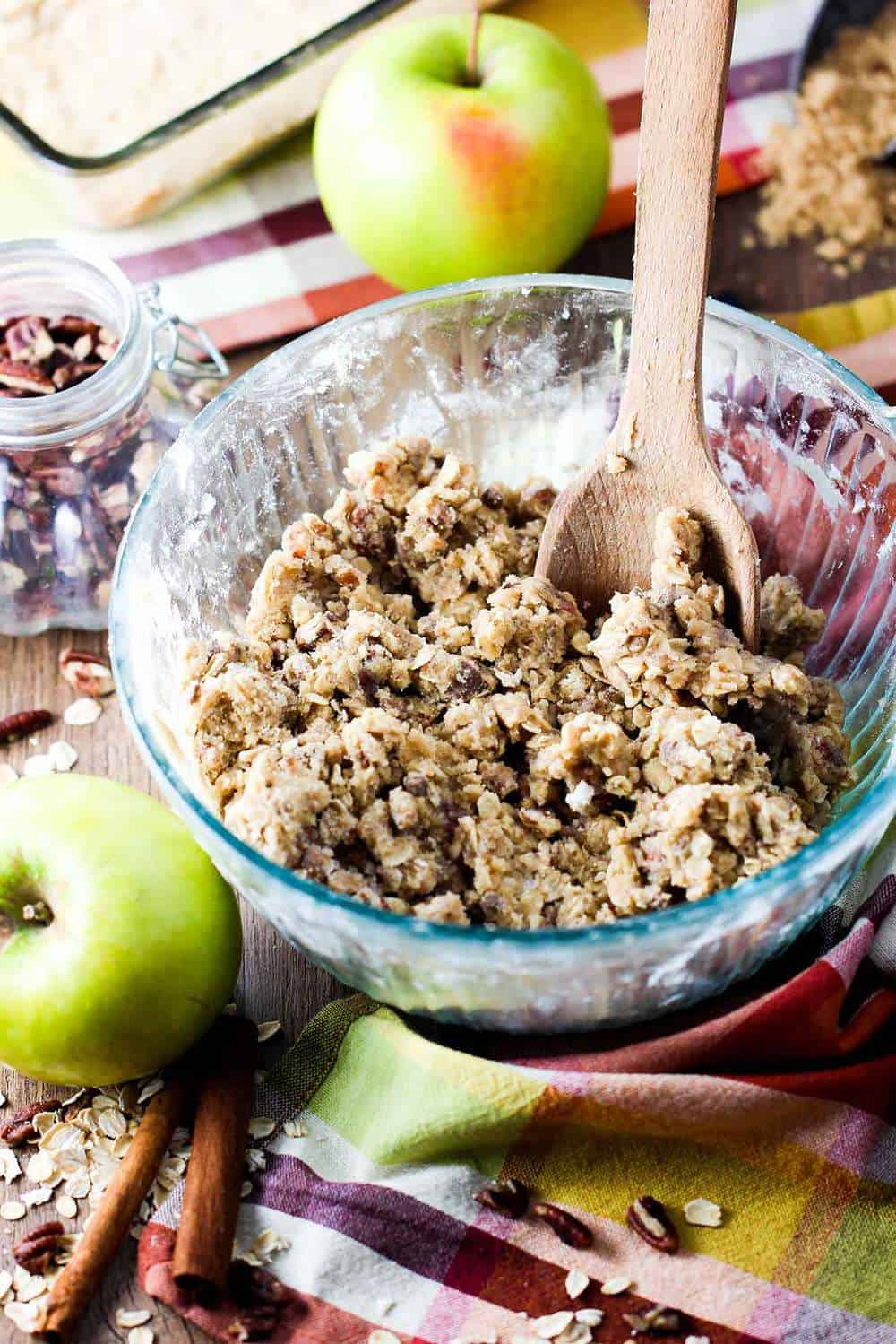 Pecan Oatmeal streusel in a glass bowl