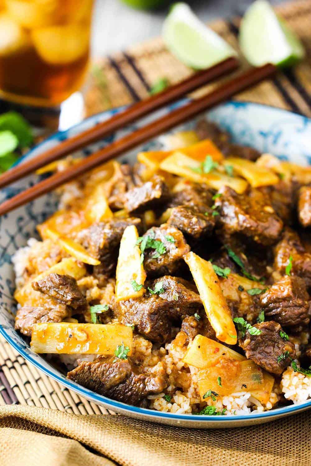 Thai Beef with Red Curry in a bowl