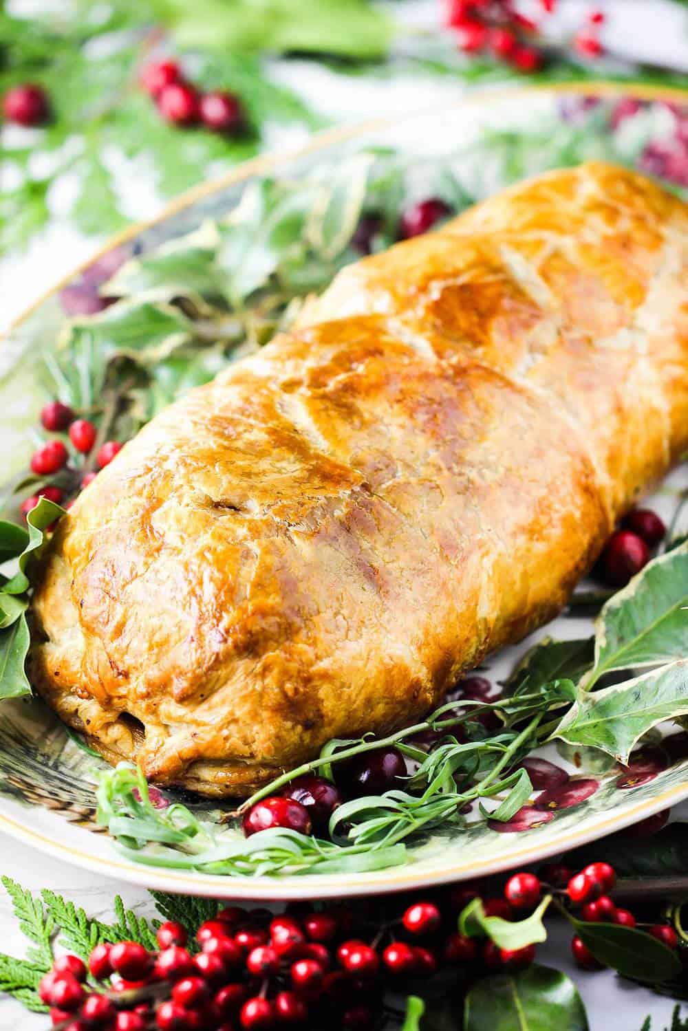 Classic Beef Wellington on a holiday platter