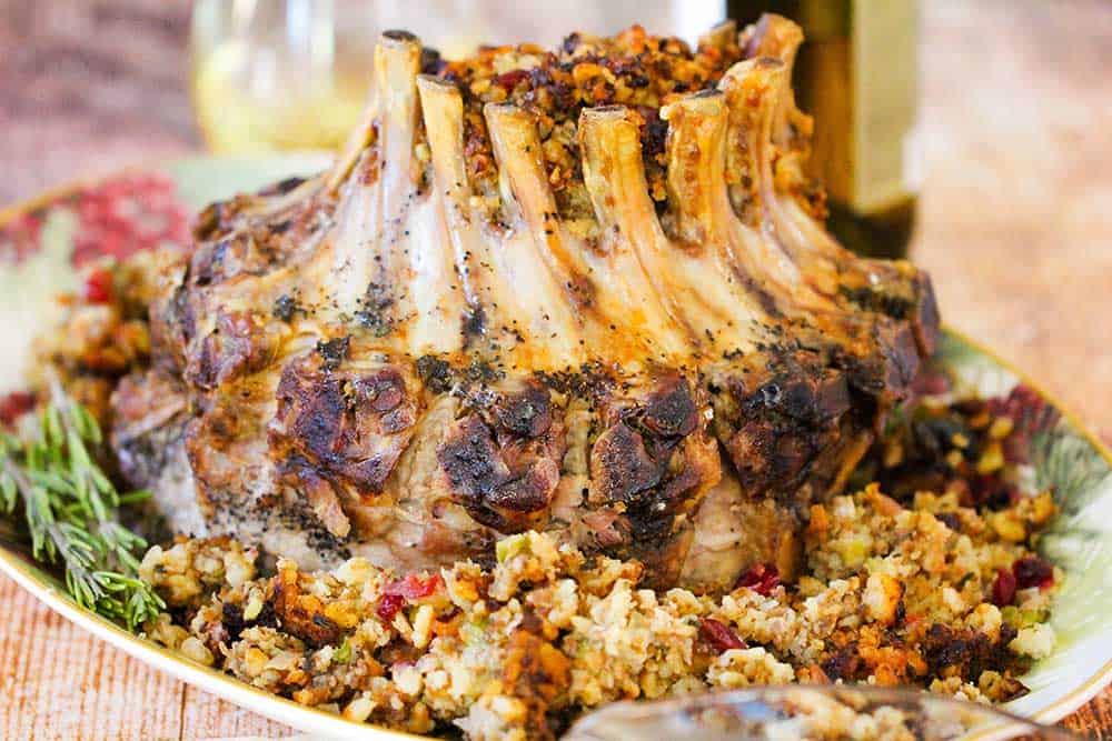 Royal crown roast with stuffing on a platter
