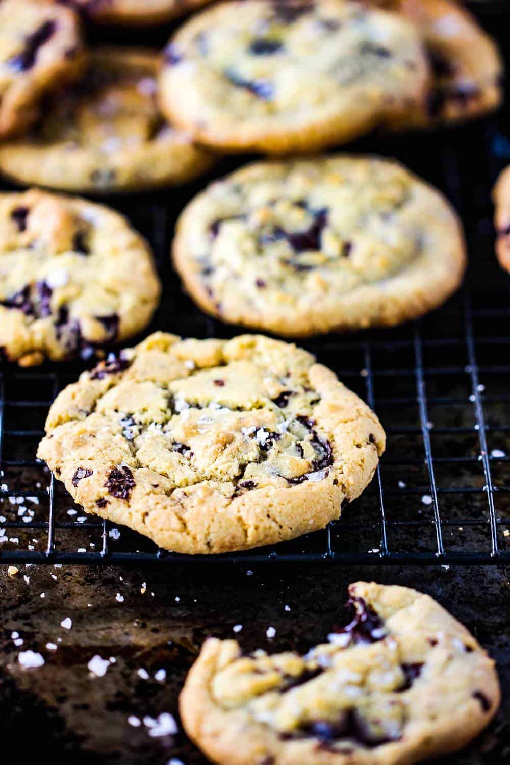 Classic chocolate chunk cookies on a wire rack