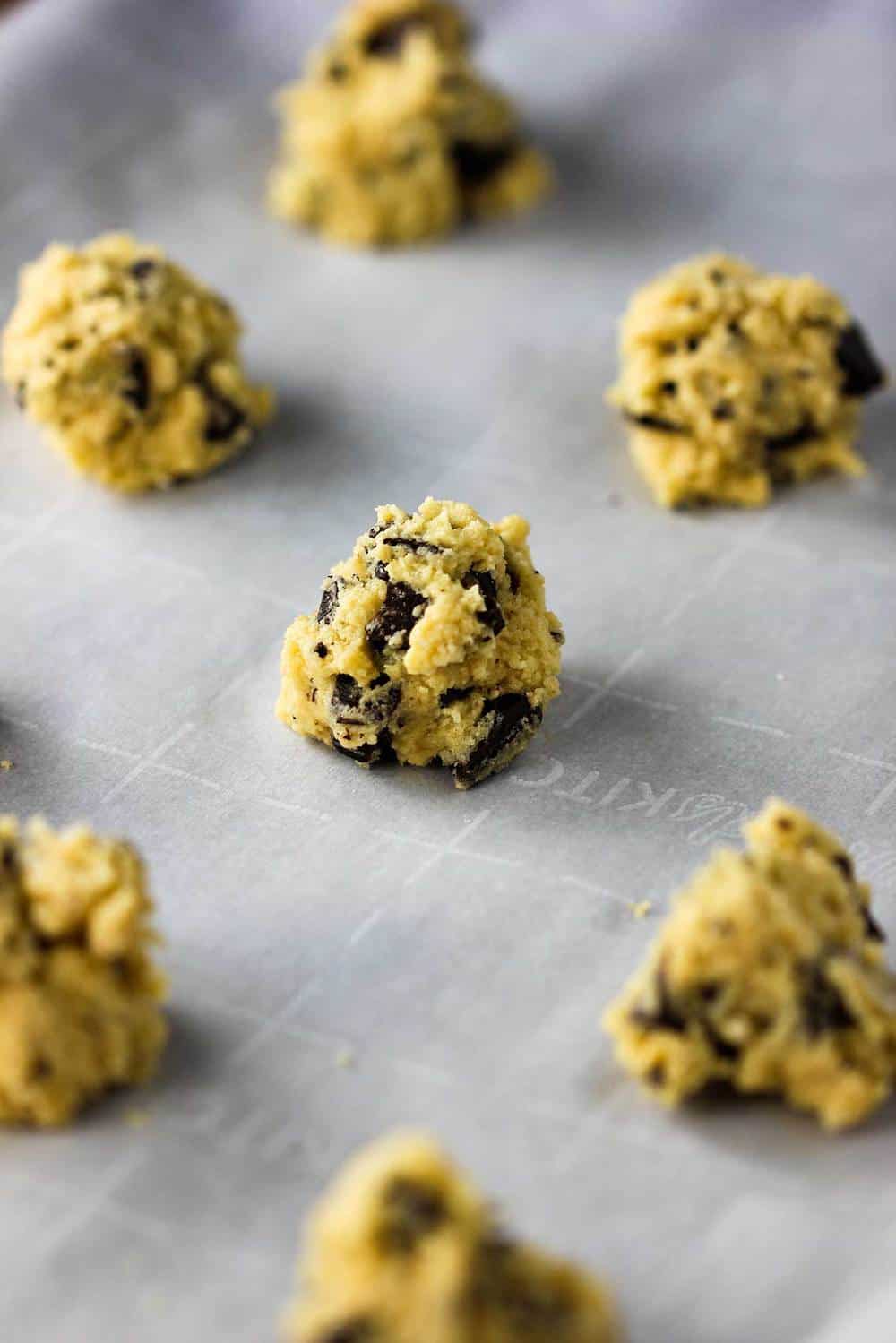 Chocolate chunk cookie dough on a cookie sheet