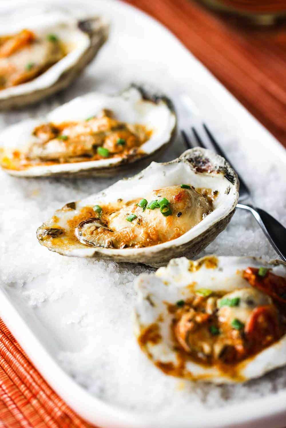 Grilled oysters with roasted tomato butter on a white dish with rock salt