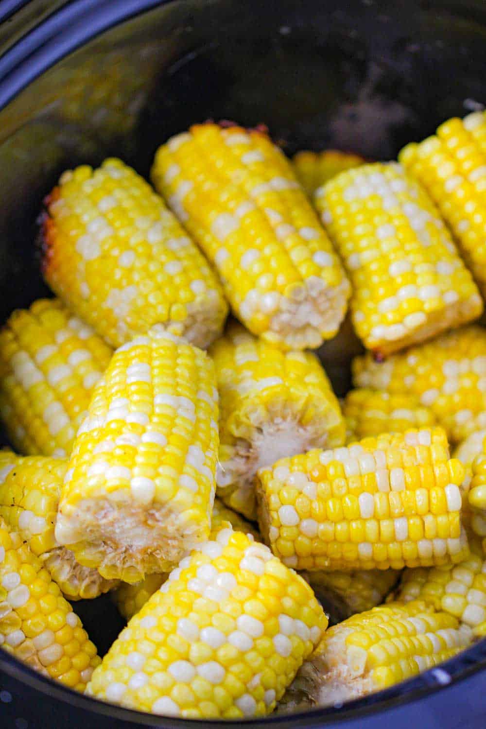 Slow cooker corn on the cob in the pot. 