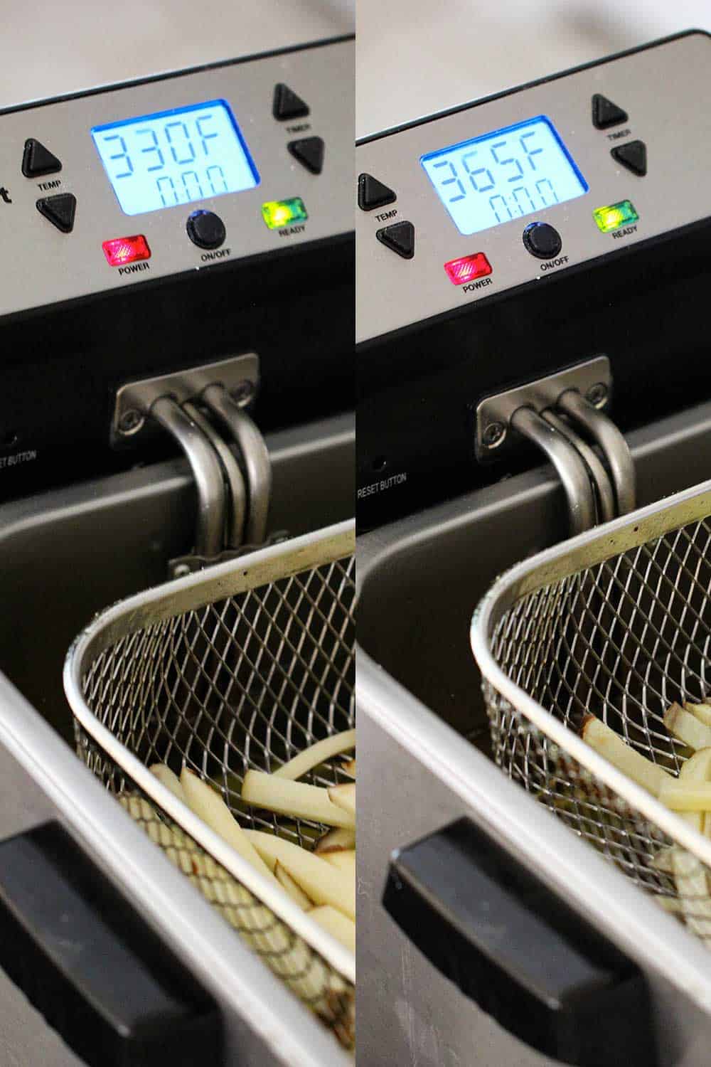 Side-by-side view of a deep fryer holding French fries, at different temperatures. 