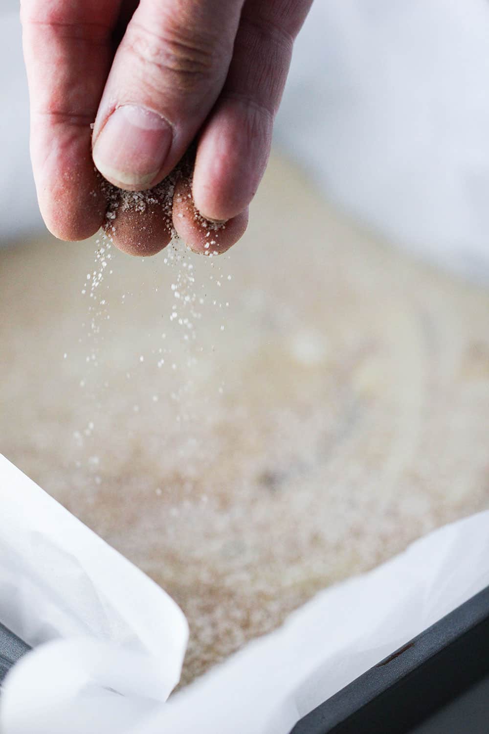 Fingers sprinkling cinnamon sugar over fudge in a pan.