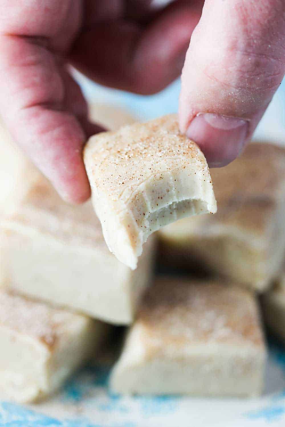 A hand holding a half eaten piece of snickerdoodle fudge. 