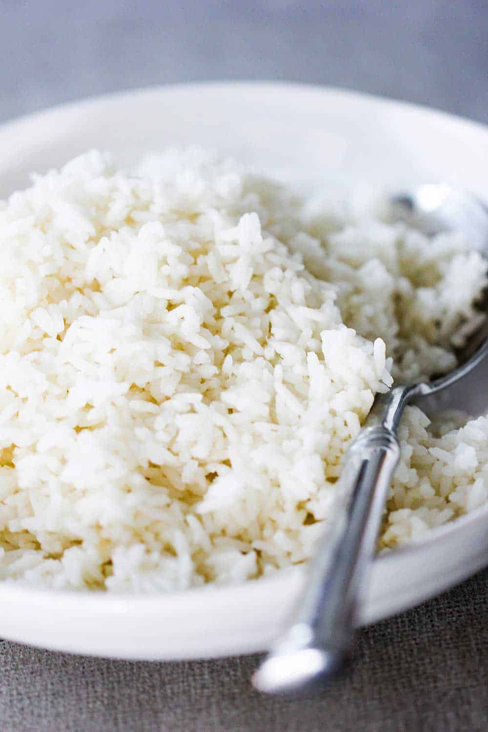 A white bowl of perfect steamed rice with a spoon in it. 