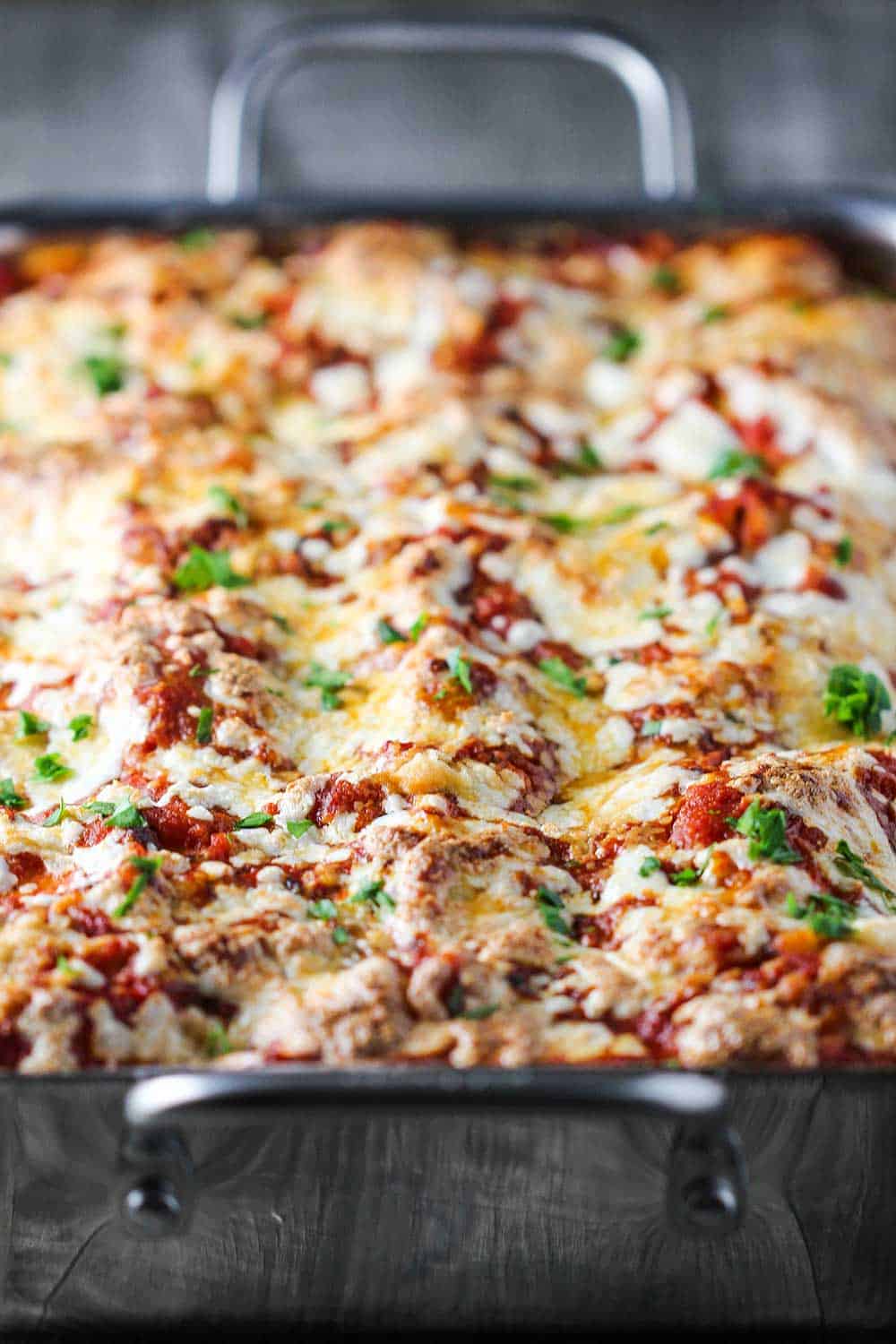 A pan of baked classic meat lasagna