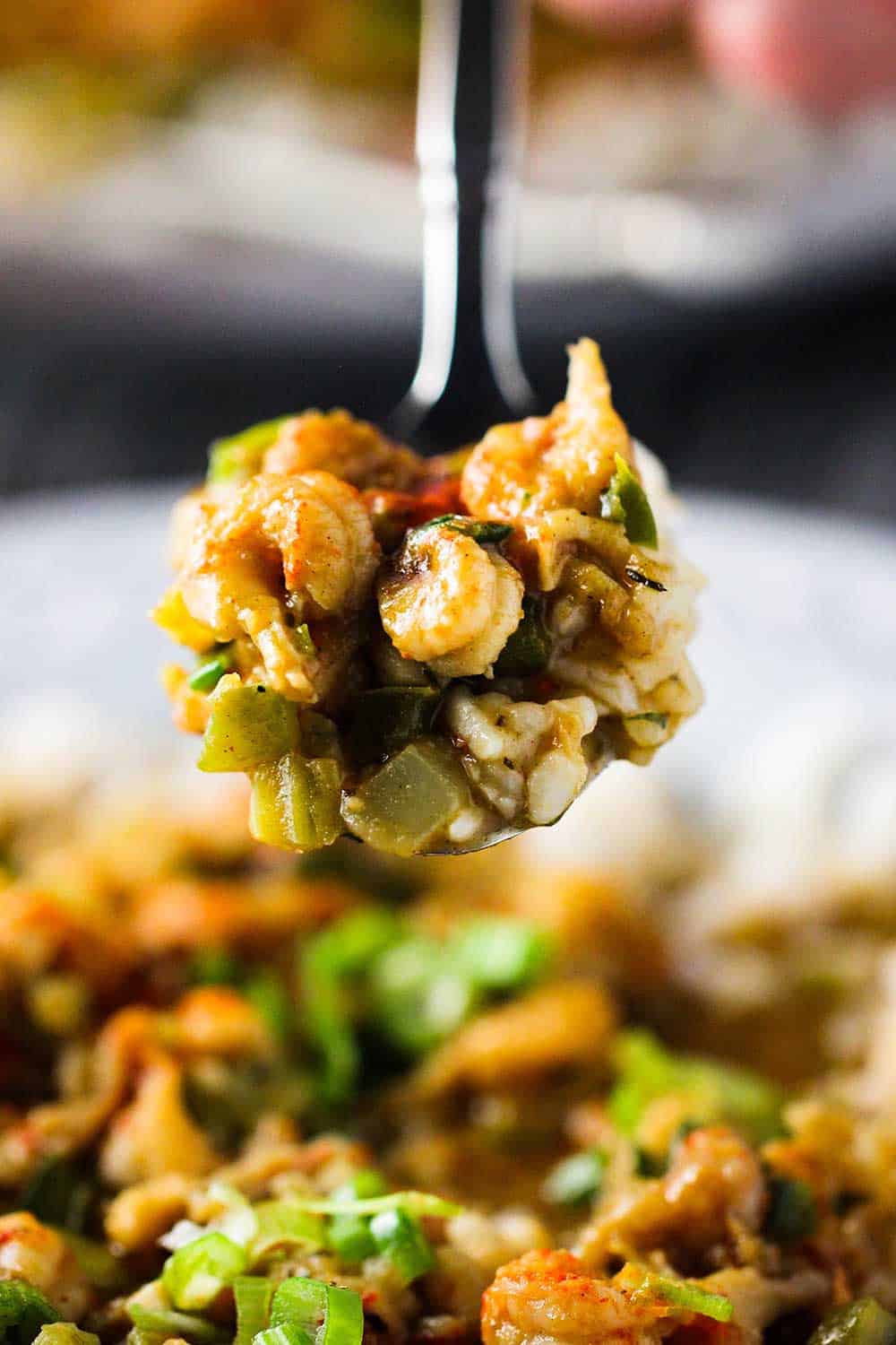 A spoon filled with a helping of crawfish étouffée.