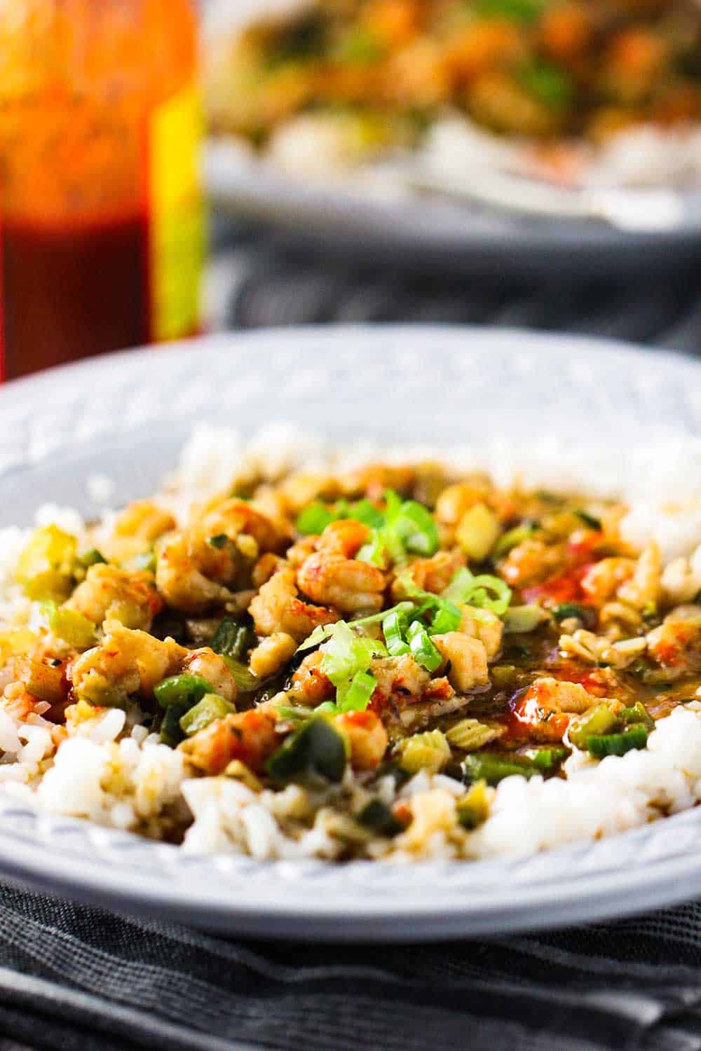 A grey bowl filled with crawfish étouffée and white rice. 