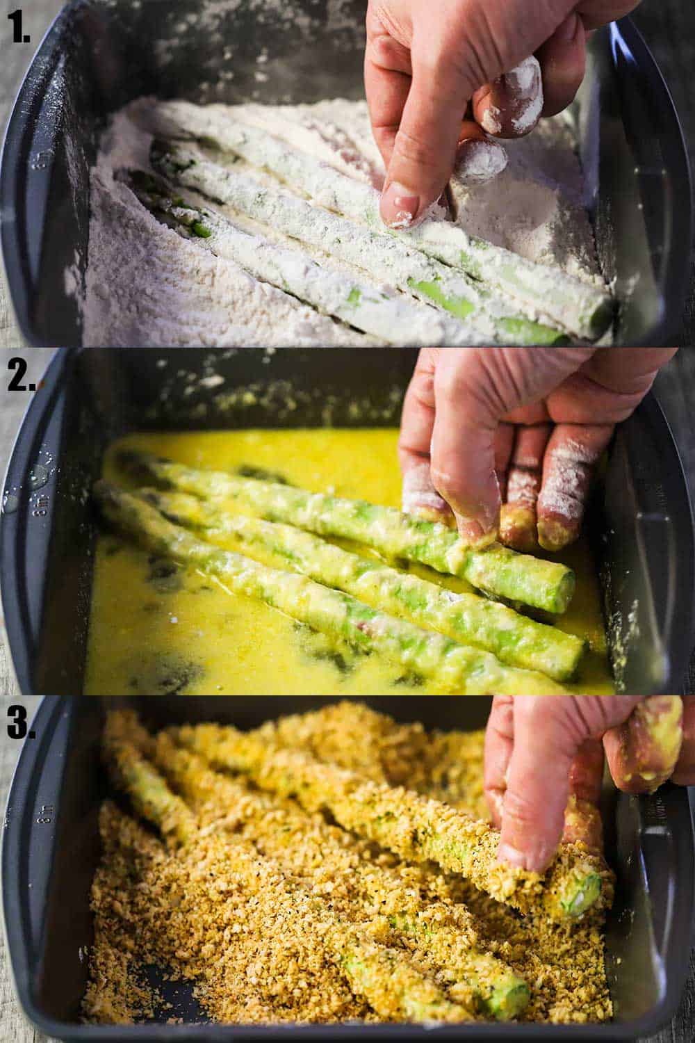 Three images grouped together showing asparagus being dredged in four, then egg, the bread crumbs. 