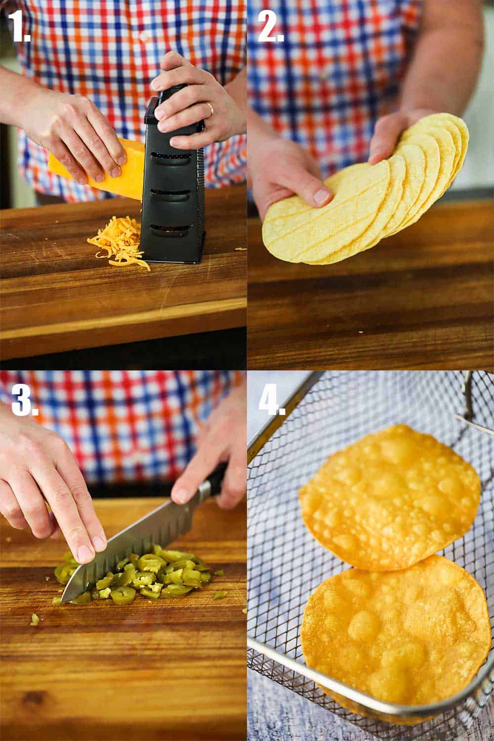 4 process shots for classic nachos, starting with cheese being grated, corn tortillas being held up, jalapeno peppers being diced, and a basket holding fried tortillas 