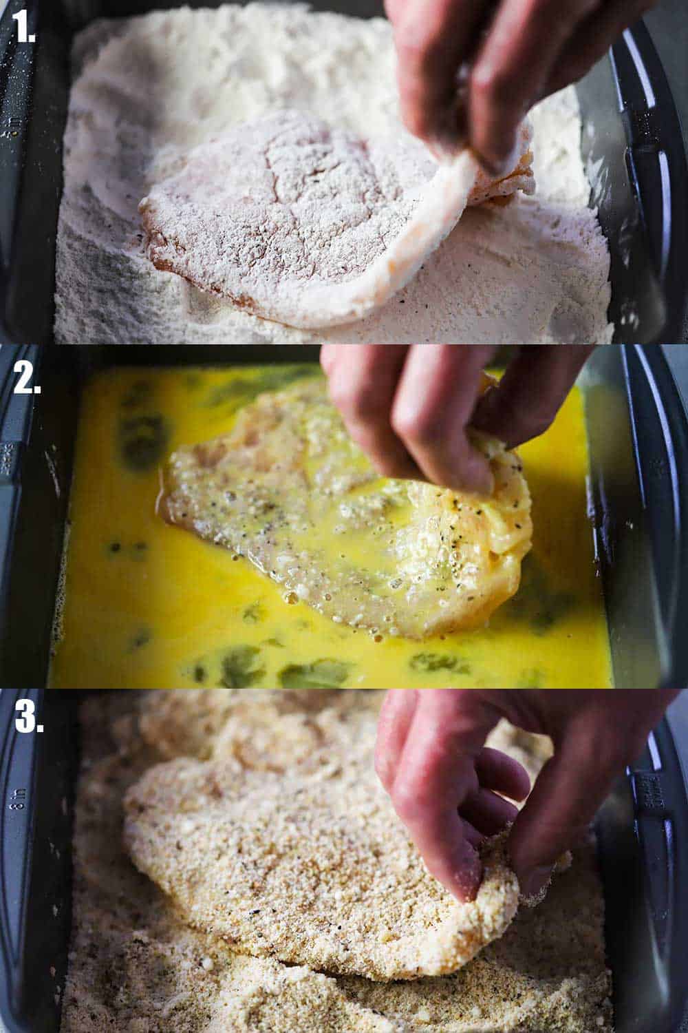 Three views of a chicken cutlet being breaded, first in flour, then an egg bath, and then seasoned bread crumbs. 