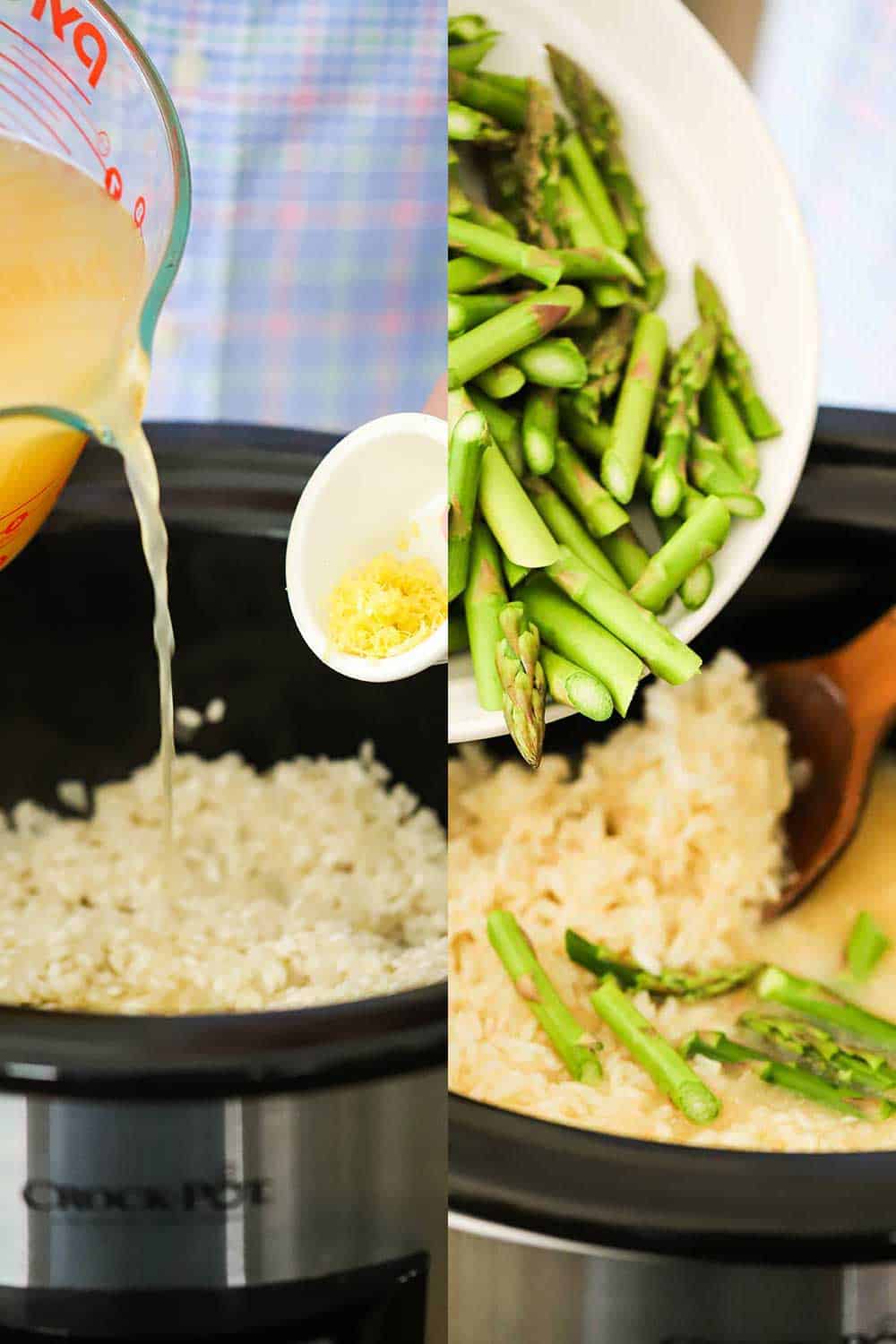 Two side-by-side images with the first being a hand pouring chicken stock into a slow cooker from a measuring cup, and the next cut asparagus being dropped into the same slow cooker. 