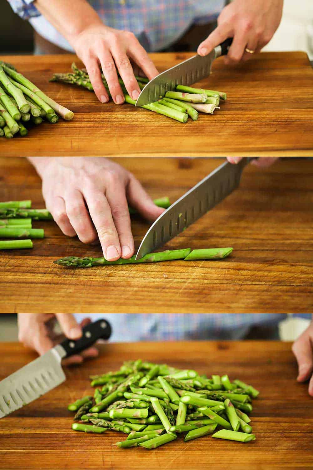 Three images of two hands using a large knife to cut asparagus into bite-sized pieces on wooden cutting board. 
