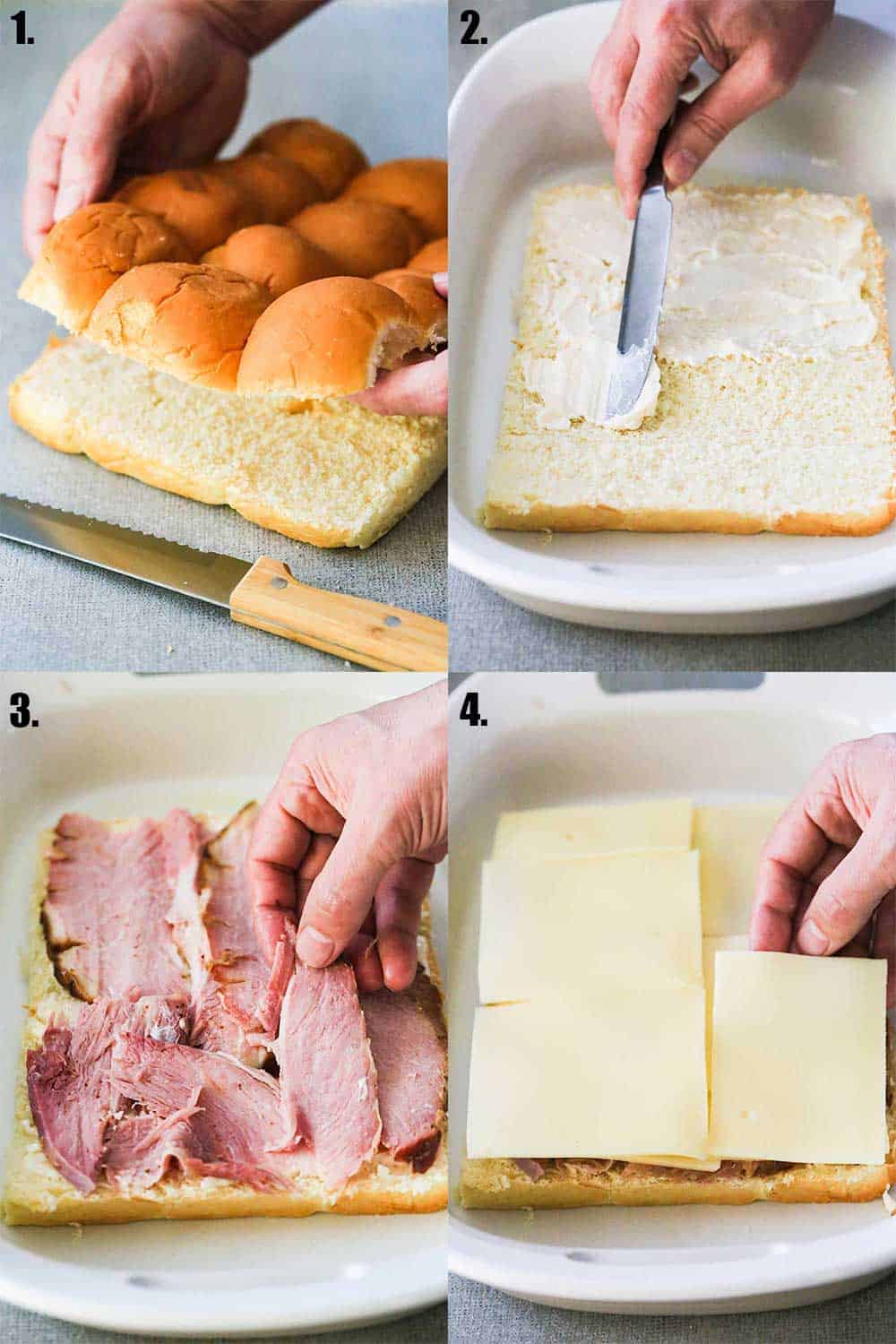 Four images of the process of building a ham and cheese sliders starting with slicing the buns, then adding layers of mayo, ham, and cheese. 