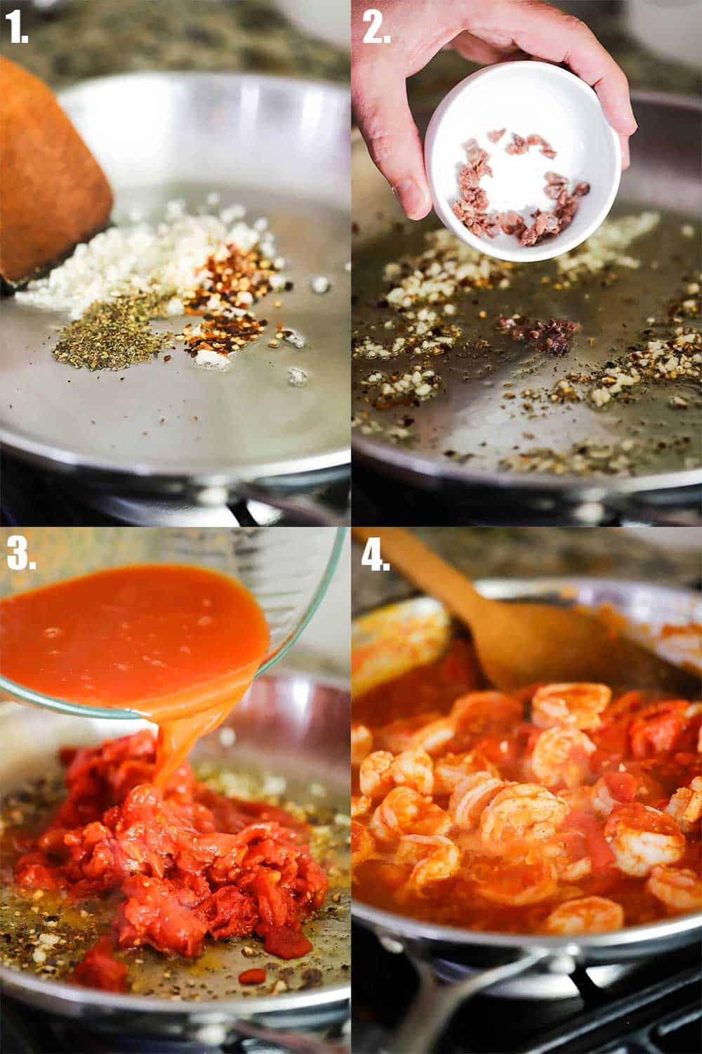 4 images of a large skillet on a stove. 1st image garlic, red pepper flakes and dried oregano. Next, chopped anchovies being dropped in. Next, tomato sauce and tomatoes being dropped in from a bow;. And last shrimp simmering in the sauce.