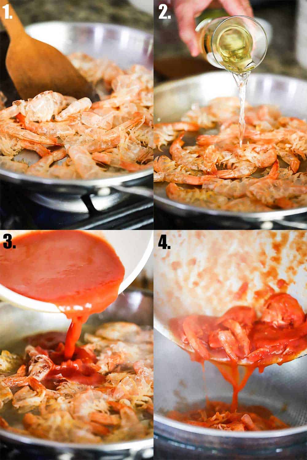 4 images of a large skillet on a stove. The first has shrimp shells simmering in olive oil. Next, white wine being poured in. Next, tomato sauce, and then last, the mixture being poured into a colander over a glass bowl.