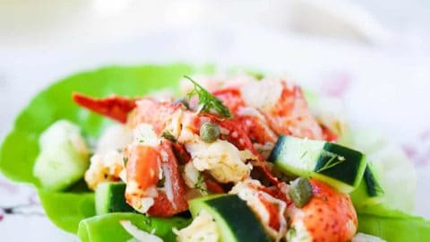 A close-up view of a lobster salad with cucumbers on a green leaf of lettuce on a decorative plate.