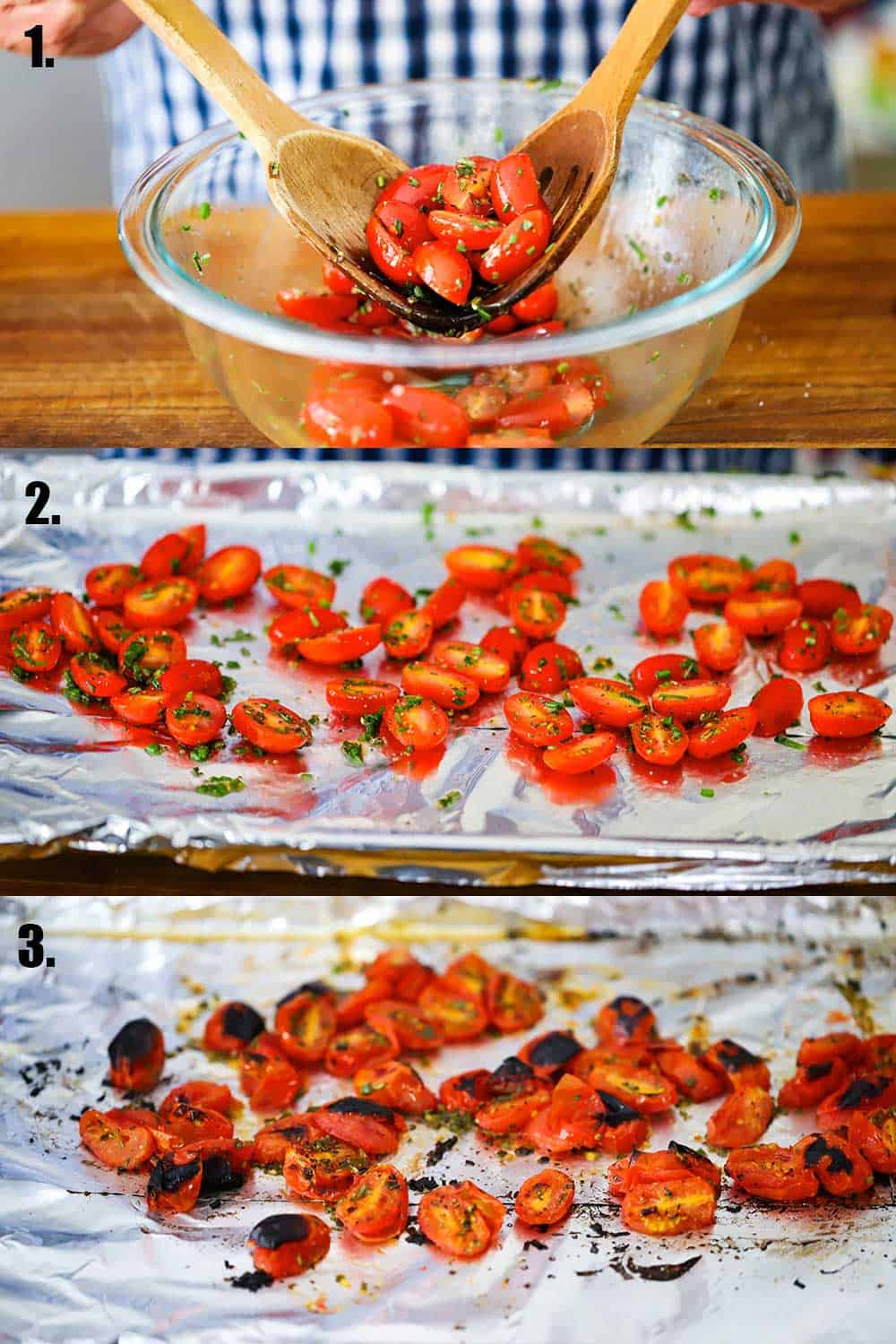 3 stacked images with the top being a glass bowl filled with cherry tomatoes with olive oil and herbs being tossed by 2 wooden spoons, and the middle with the tomatoes on a foil-lined baking sheets, and the bottom of the same tomatoes after being roasted.