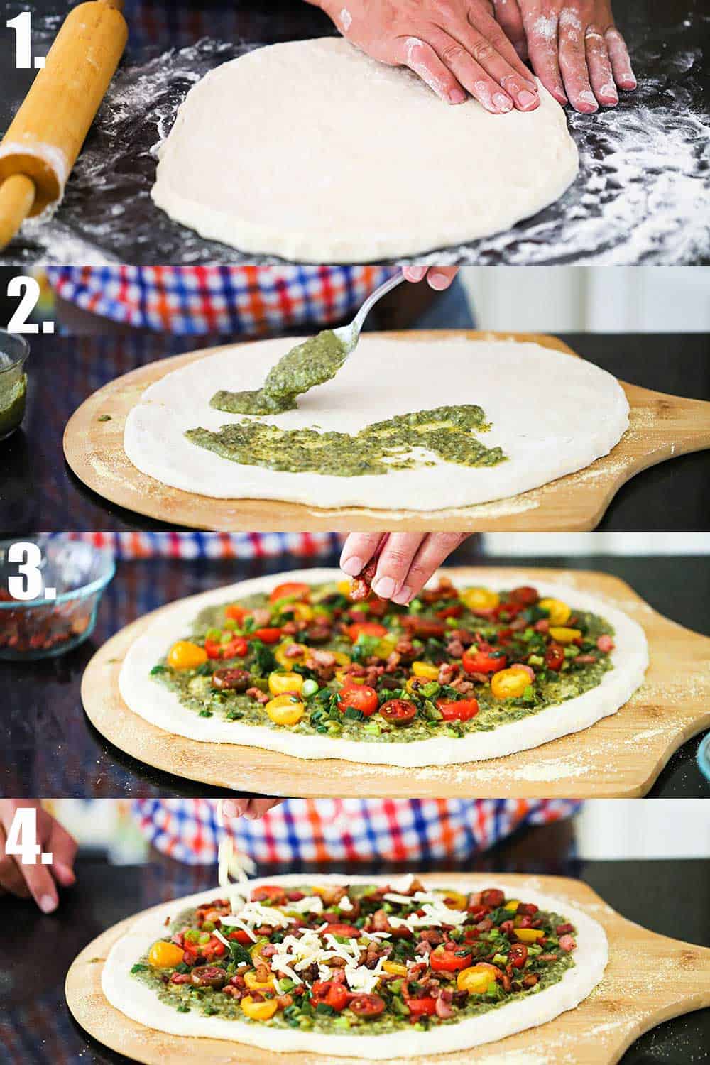 4 shots: 1st, two hands forming a pizza dough on a floured counter, 2nd: a hand using a spoon to spread pesto sauce on the dough, 3rd: a hand layering sliced cherry tomatoes on the pizza, and the 4th: a hand sprinkling white cheese on the pizza.