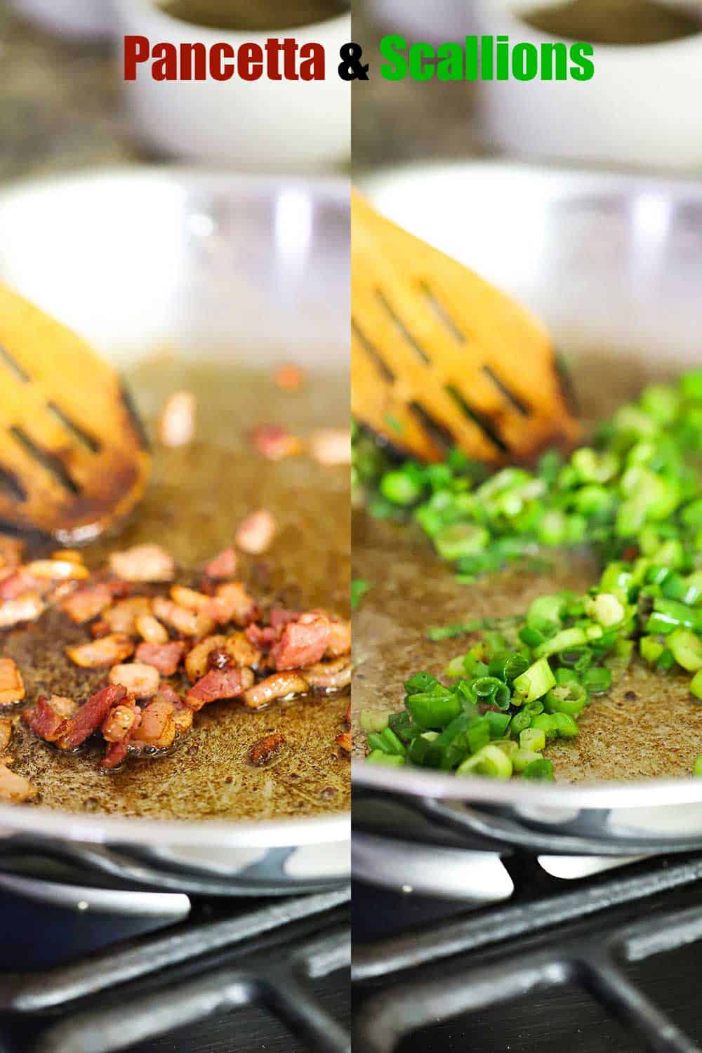 2 side by side images with the one on the left being pancetta cooking in a large silver skillet and the right being chopped green onions cooking in the same skillet.