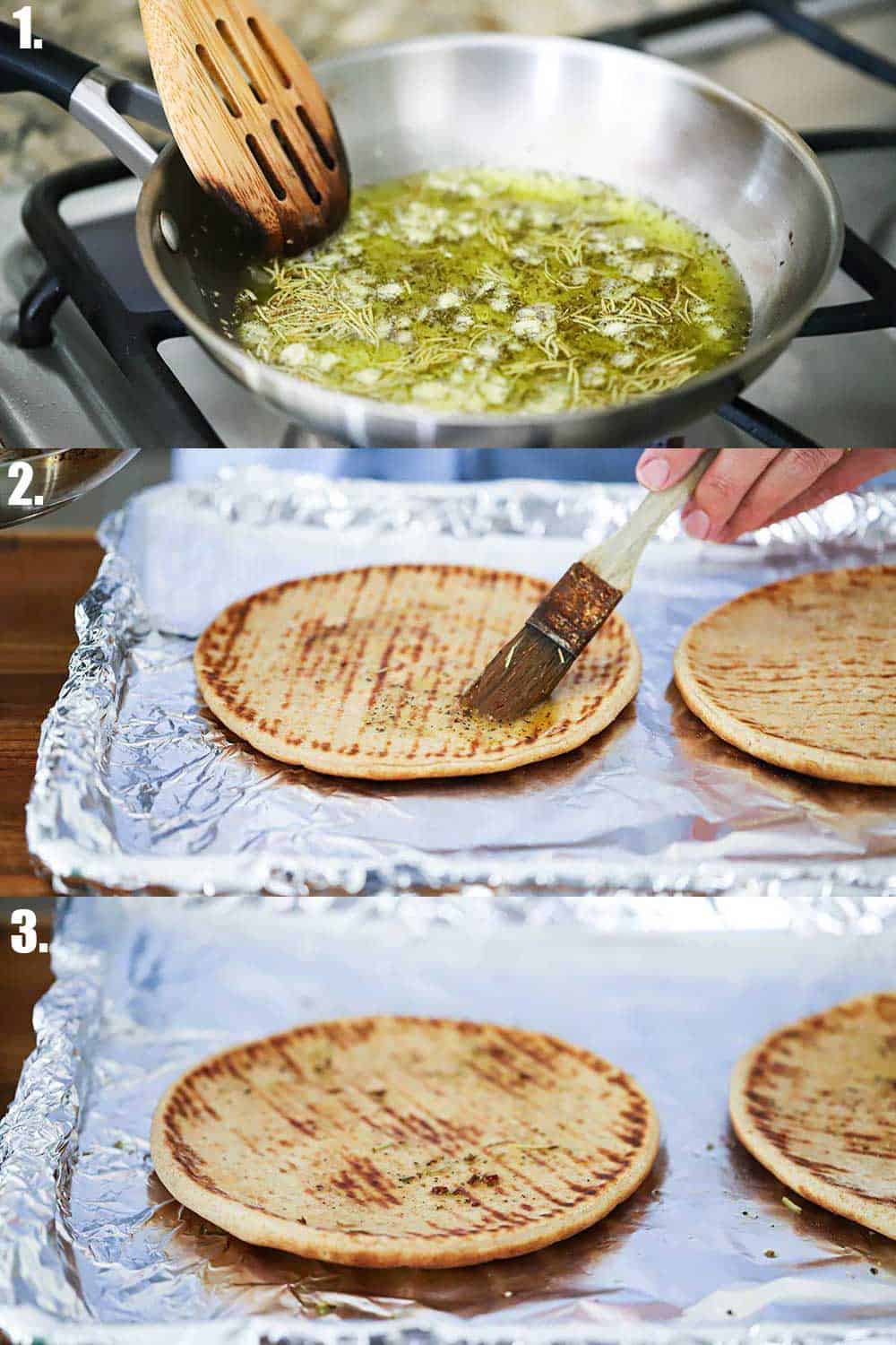 3 stacked images with the top being a small skillet filled with oil, minced garlic, and dried herbs with a wooden spoon stirring it, the 2nd are two pitas on a foil-lined baking sheet being brushed with oil, the 3rd the same two pitas after they have been heated in the oven.