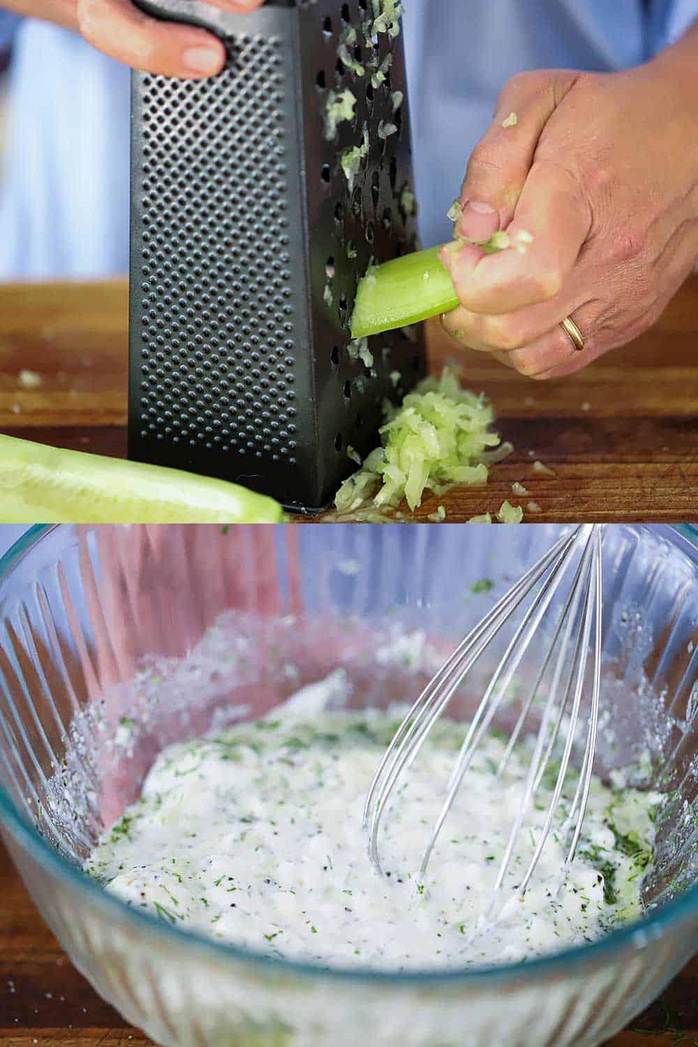 2 stacked images with the top a peeled cucumber being shredded on a box grater and the bottom a glass bowl filled with tzatziki sauce and a whisk.