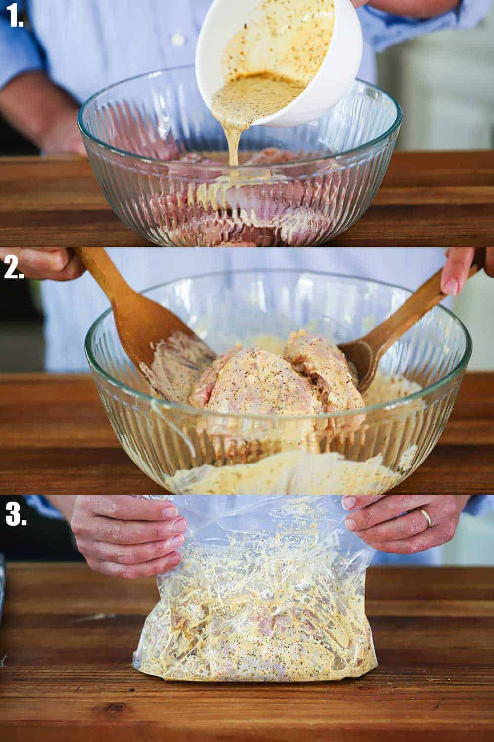 3 stacked images with the top being gyro marinade being poured over chicken in a bowl, the 2nd two wooden spoons tossing the chicken in the marinade, the 3rd the chicken being pressed in a large freezer bag.