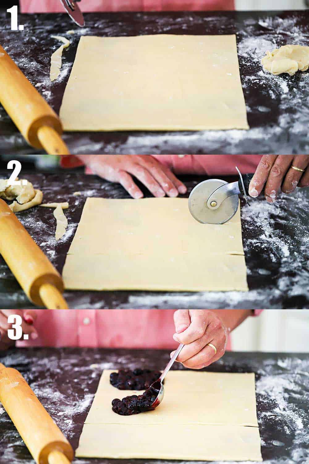 3 stacked images with the top being a large rectangle of dough on a floured black marble countertop, and the middle is a hand using a cookie cutter to cut the dough into the 3rds lengthwise, and the bottom is a hand spoon blueberry filling onto one end of the dough strips.