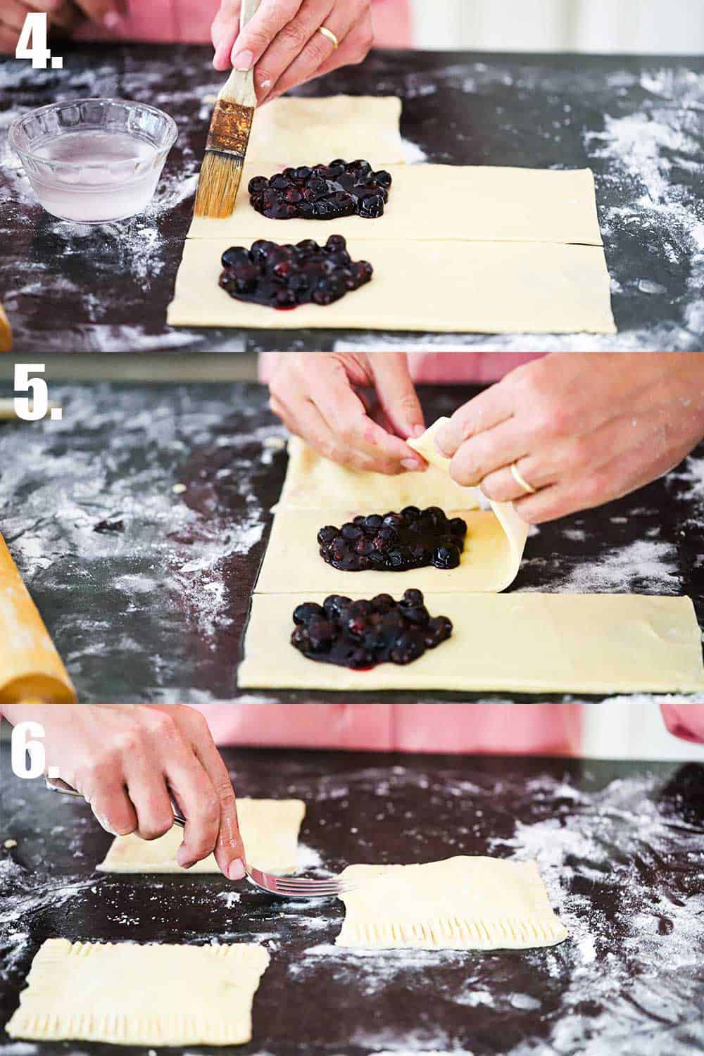 3 stacked images with the top being a hand brushing water on the edges of dough with blueberries on it, the middle are two hands folding the dough over the blueberries, and the bottom a hand using a fork to crimp the edges of the pop tart.