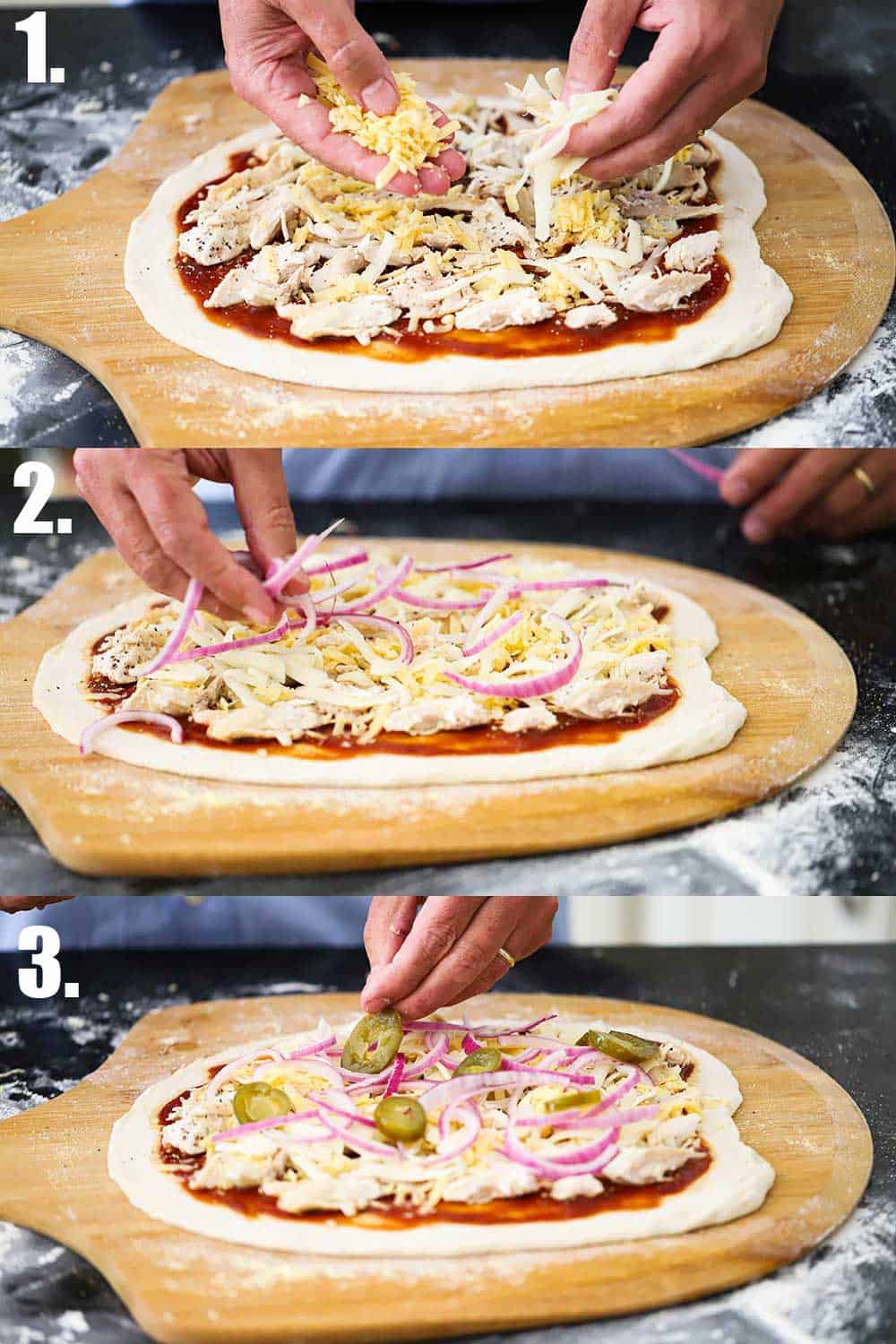 3 stacked images with the top being two hands sprinkling cheese onto a pizza on a pizza paddle, and the next a hand layer onion slices on the pizza, and the bottom the same hand layer jalapeno slices on the pizza.