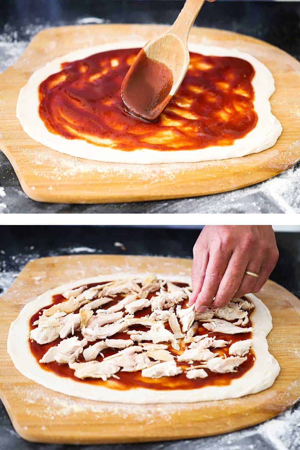 2 stacked images with the top pizza dough stretched in a circle on a pizza paddle with a wooden spoon spreading BBQ sauce over it and the bottom a hand layer shredded chicken over the BBQ sauce.