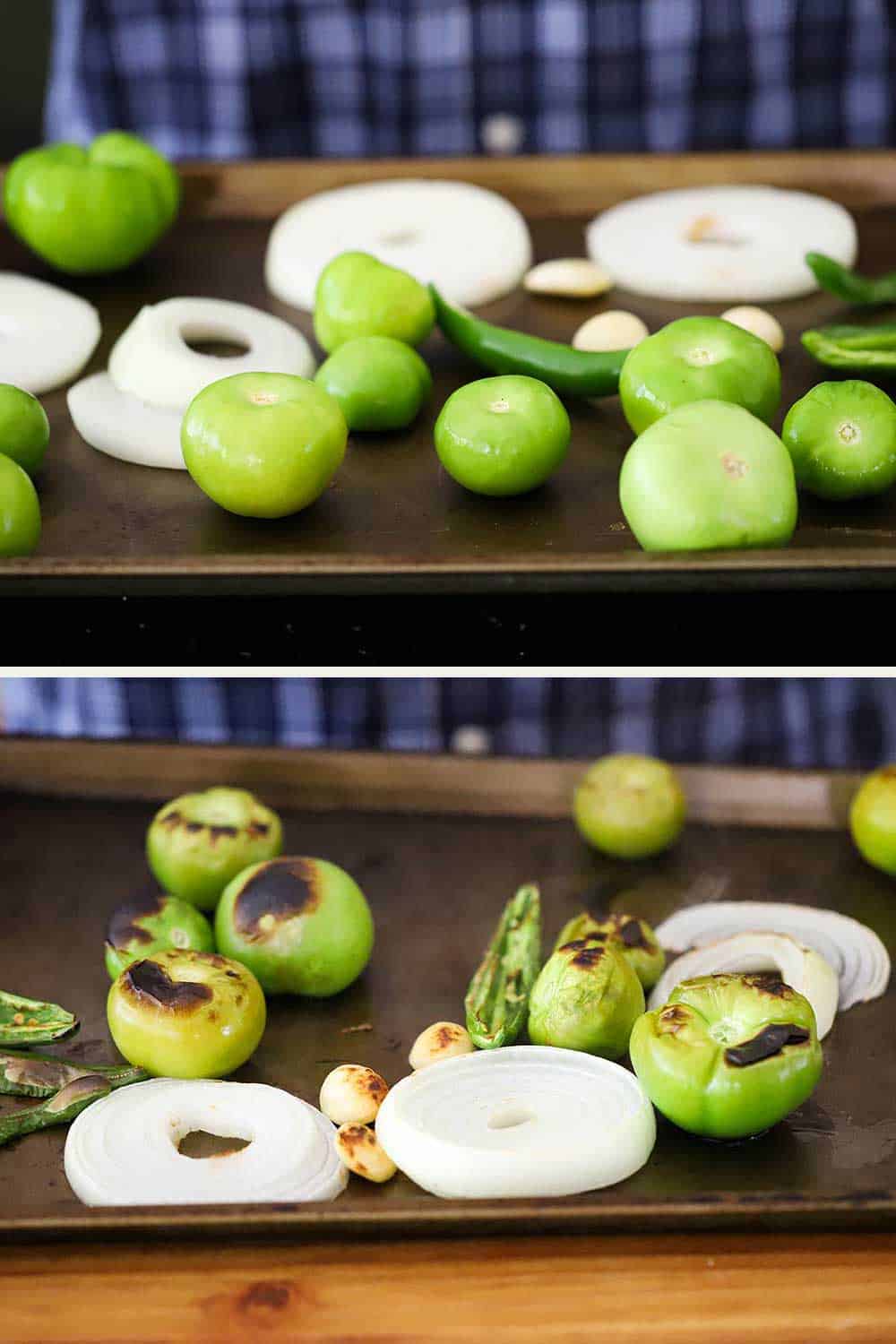 2 stacked photos, the top a baking sheet filled with tomatillos, serrano peppers, and sliced onions, and the bottom photo of the same vegetables after being roasted. 