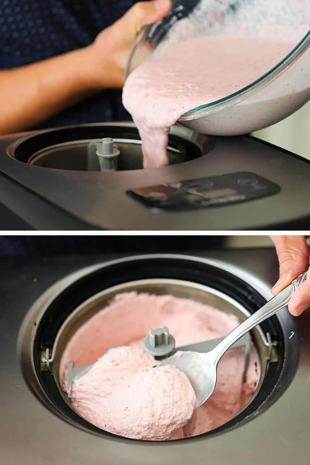 2 stacked images, top is a hand pouring strawberry custard from a glass bowl into an ice cream maker and the bottom is a spoon of the churned strawberry ice cream. 