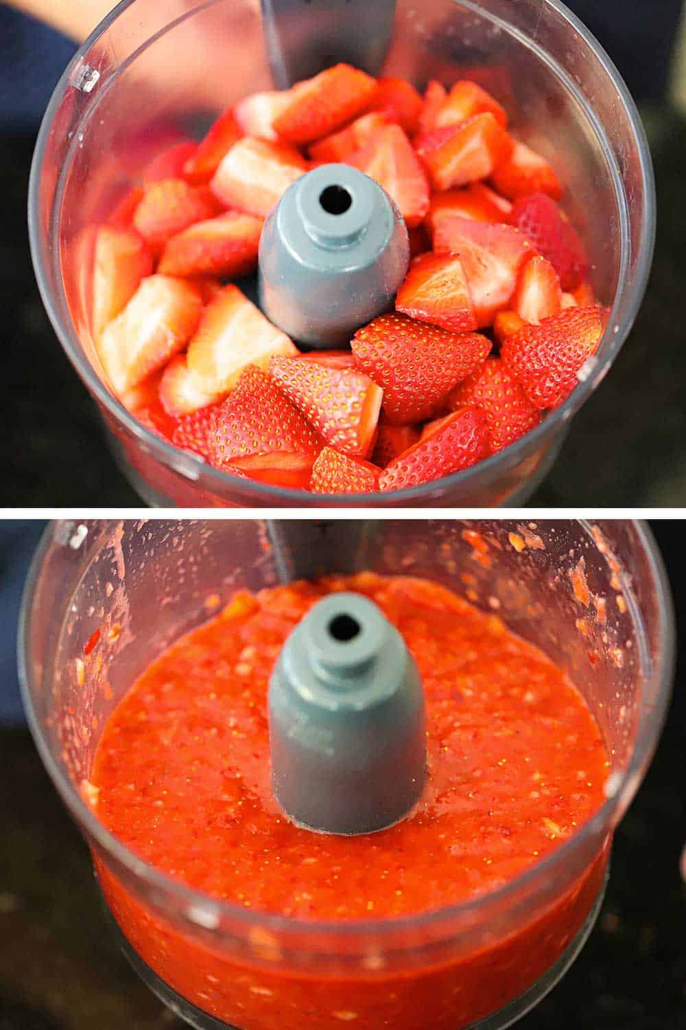 2 stacked images, the top roughly chopped strawberries in a food processor and the bottom the strawberries after they have been pureed. 