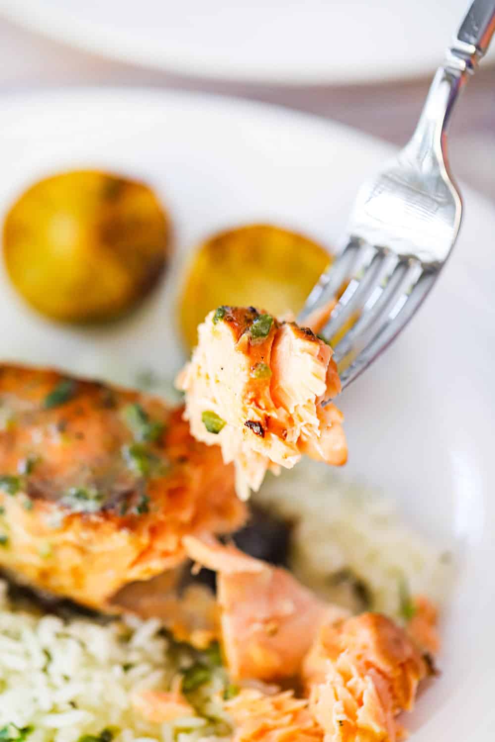 A close up view of a piece of grilled salmon being held up on a fork over a plate filled with salmon and cilantro rice.