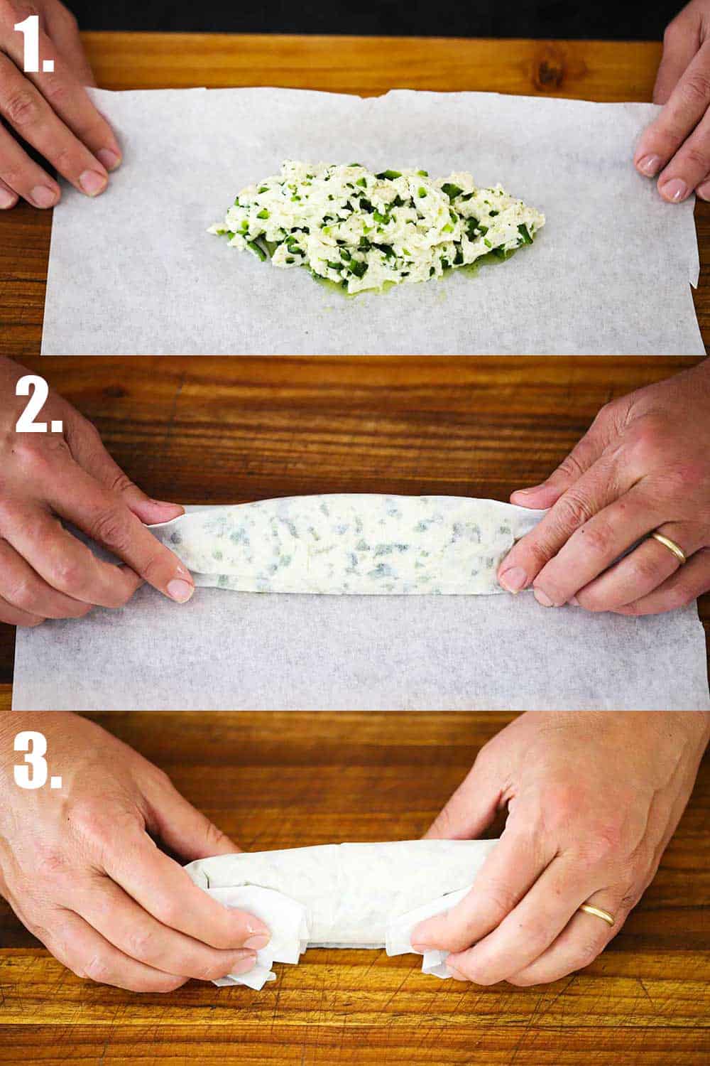 3 stacked photos, the 1st is a rectangle shape of softened butter with peppers mixed in all on parchment paper, next to hands rolling the parchment paper over the butter, the 3rd the two hands folding in the ends of the paper.