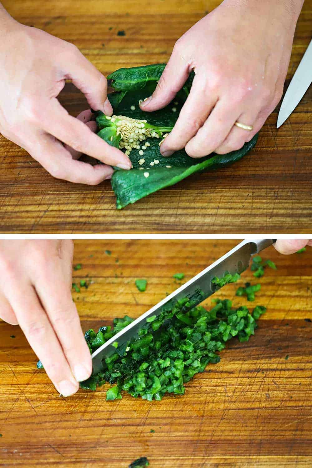 2 stacked images with the top two hands removing the seeds and pod from the inside of a roasted pepper, and the bottom those hands mincing the pepper with a large knife.