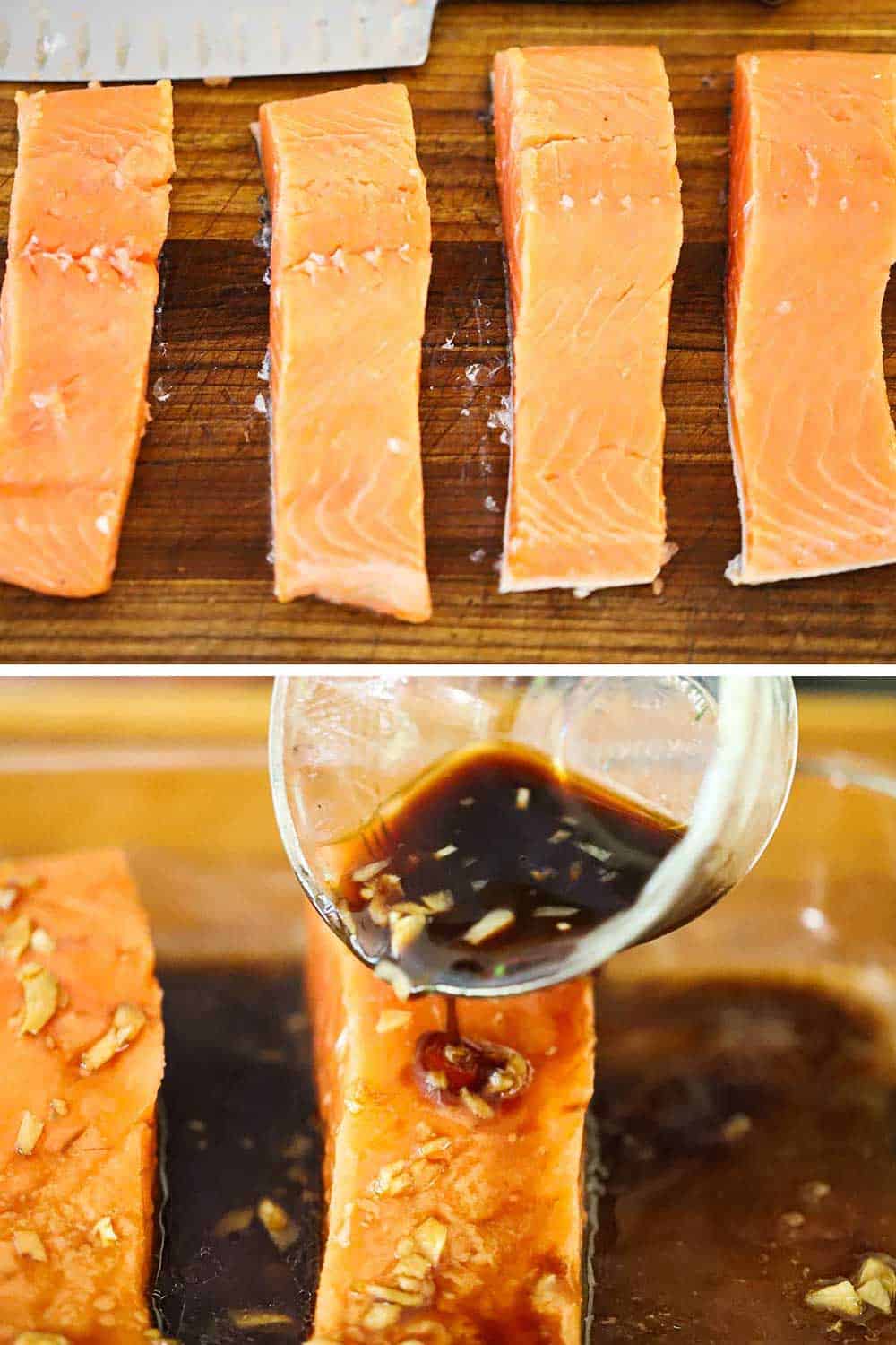 2 stacked images with the top 4 fresh salmon fillets and the bottom a small glass bowl that a dark marinade is being poured over the salmon.