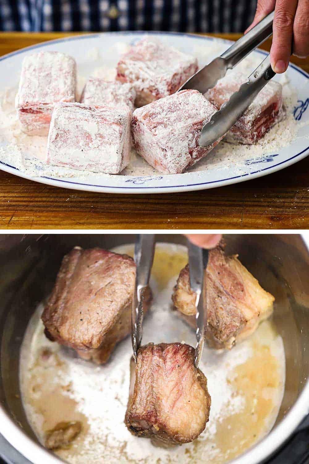 2 stacked photos: Top is of beef short ribs in flour and the bottom are those ribs searing in an Instant Pot. 