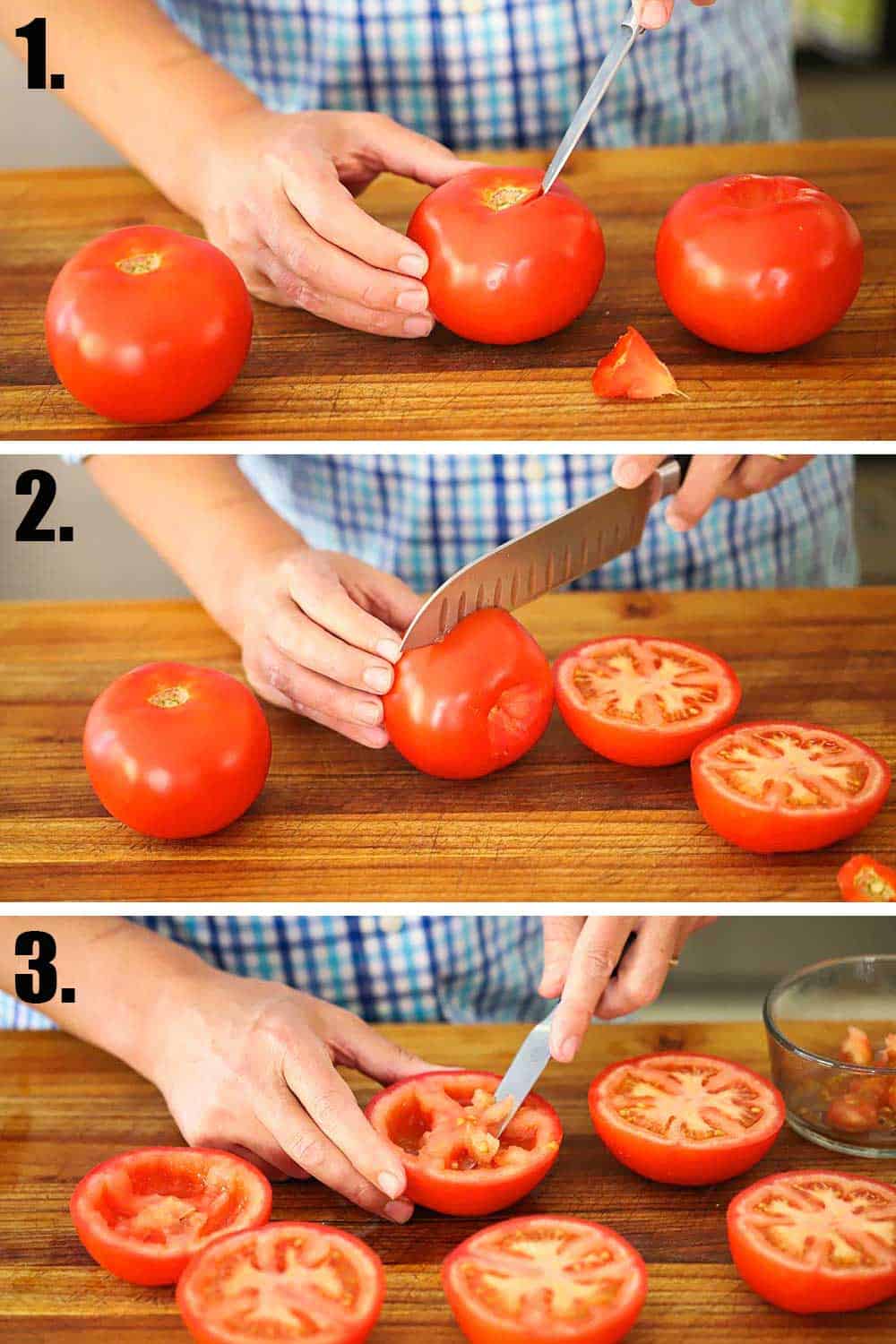 3 photos, top a knife coring a tomato, middle a knife slicing the tomato in half, bottom a knife making a cavity in the tomato.