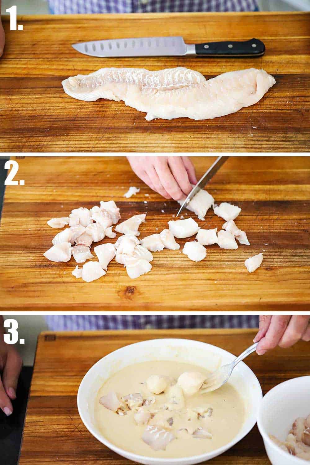 3 stacked images with the top a filet of cod next to a knife, the next a hand cutting the fish, and the bottom the fish in a bowl of batter.
