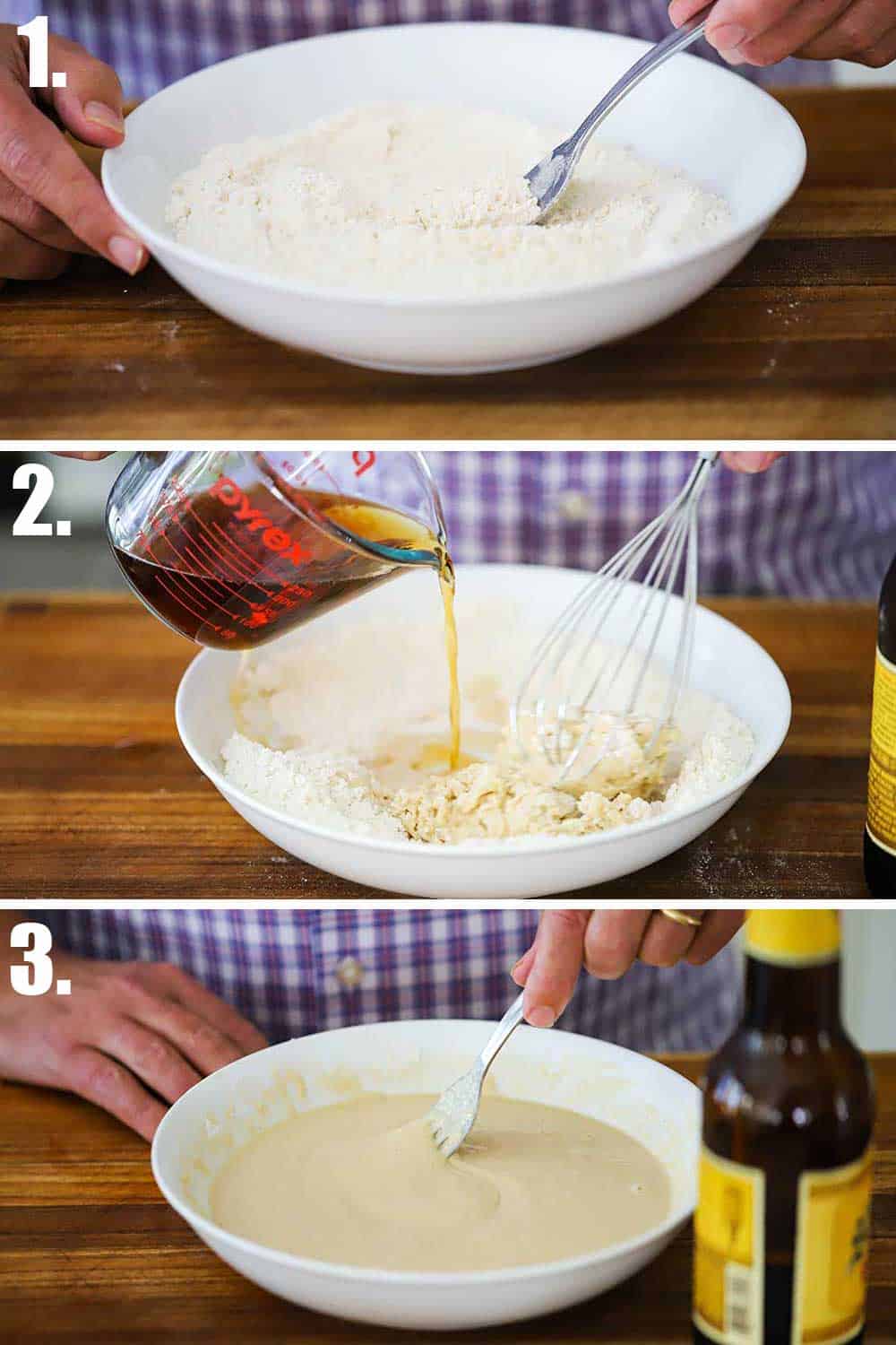 3 stacked images with top a white bowl filled with flour and a fork, and next beer pouring into the flour, and bottom a fork blending the batter.