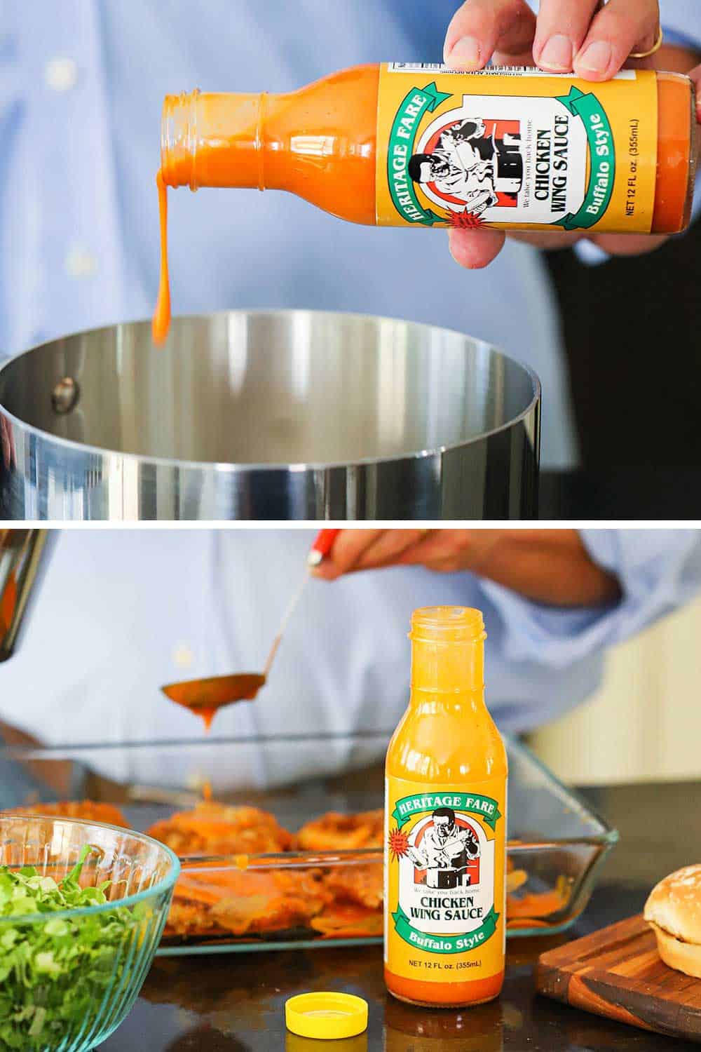 2 stacked photos. The top is a hand pouring wing sauce into a sauce pan, and the bottom is that sauce ladled over chicken cutlets. 