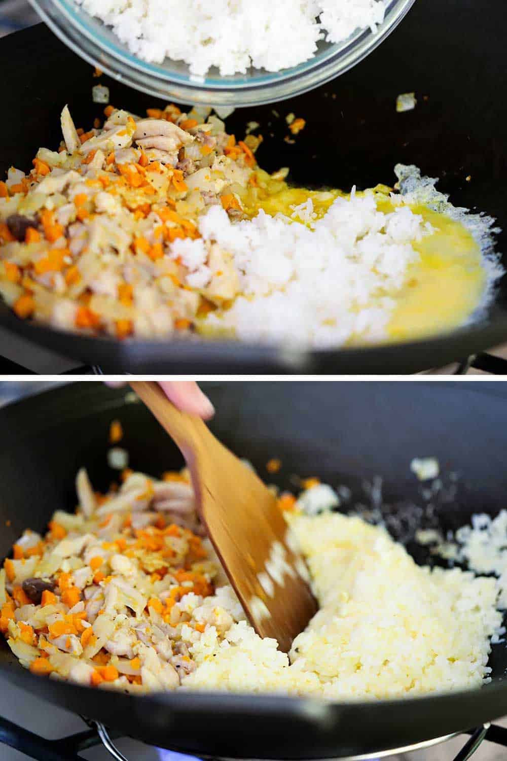 2 stacked images with the top showing cooked white rice dropping into a wok with egg, and the next is a wooden spoon stirring it all together. 