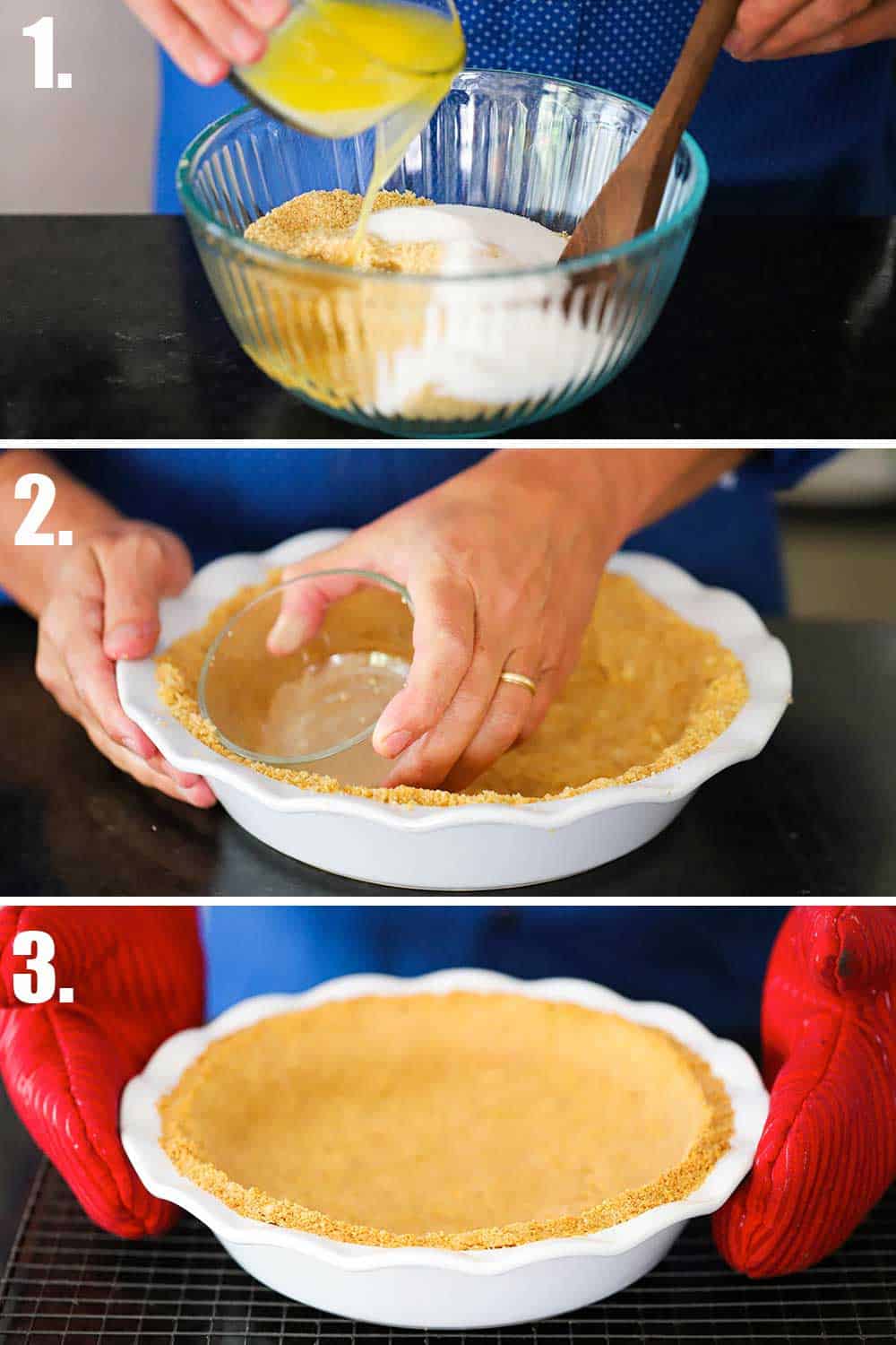 3 stacked images: Top is melted butter pouring into a bowl of cookie crumbs and sugar, the next is a bowl pressing the crust into a dish, and the bottom the baked pie crust. 