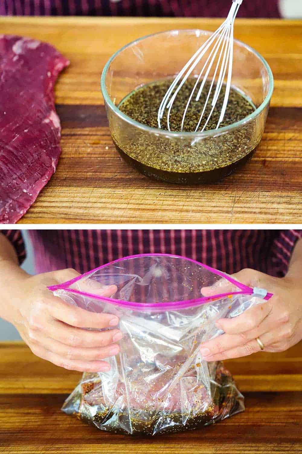 2 stacked images, the top is a whisk in a glass bowl of steak marinade, and the bottom is two hand holding a plastic baggy filled with steak and marinade. 